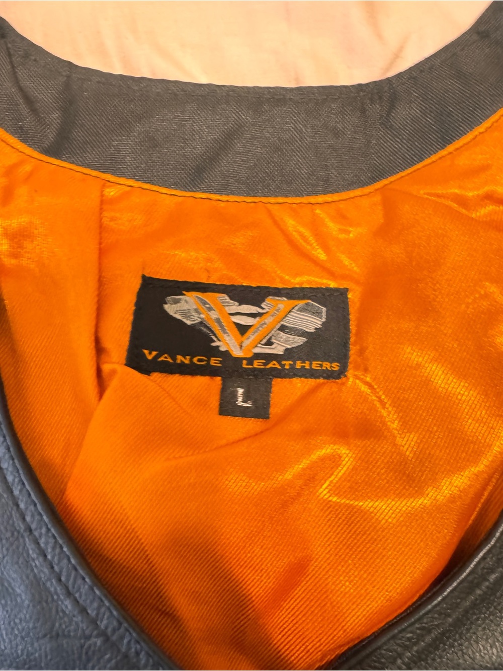 Black Leather Zip Front Biker Vest with Orange Lining - Picture 2 of 5